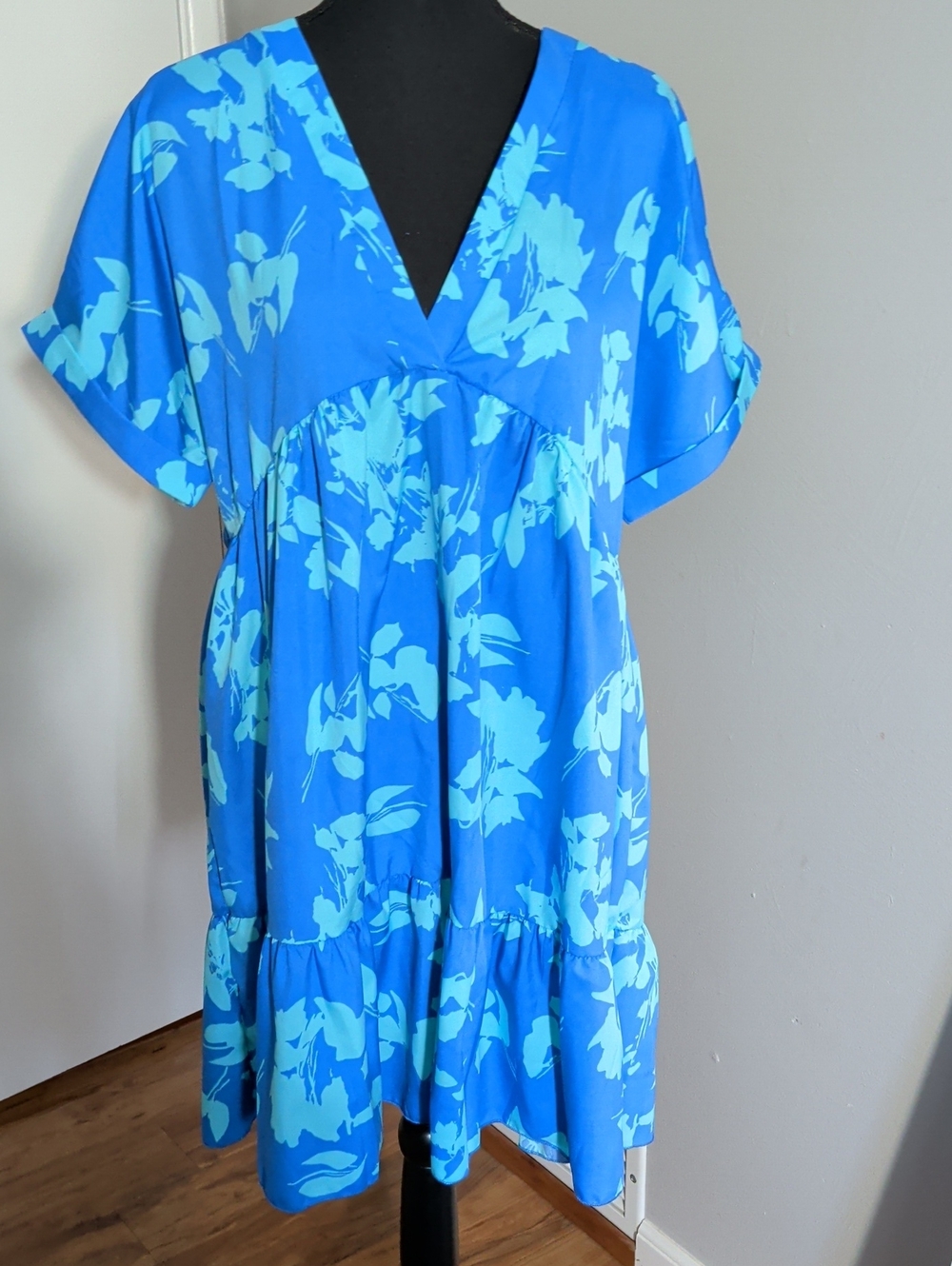 Bright Blue Floral V-Neck Babydoll Dress